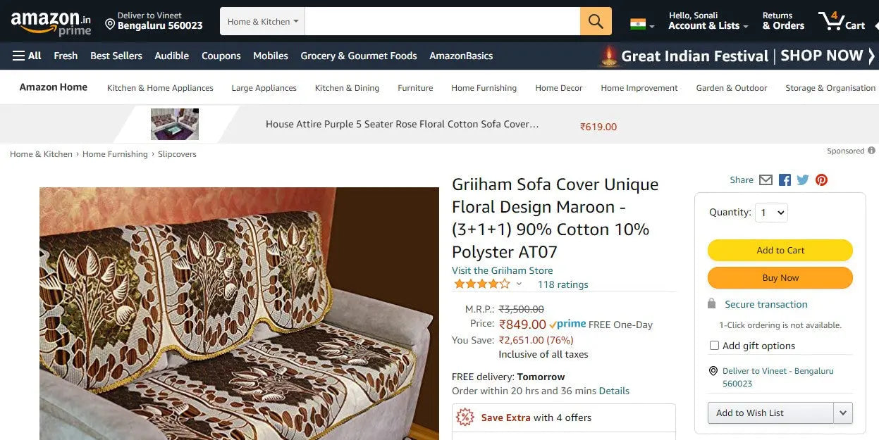 Griiham Sofa Cover Unique Floral Design Maroon - (3+1+1) 90% Cotton 10% Polyster AT07