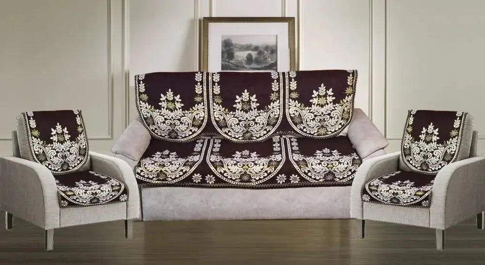 Griiham's 5 Seater Coffee Brown Sofa Cover with Gold Work(3+1+1) 90% Cotton 10% Polyster SB3 W5-DHUK-NGJD