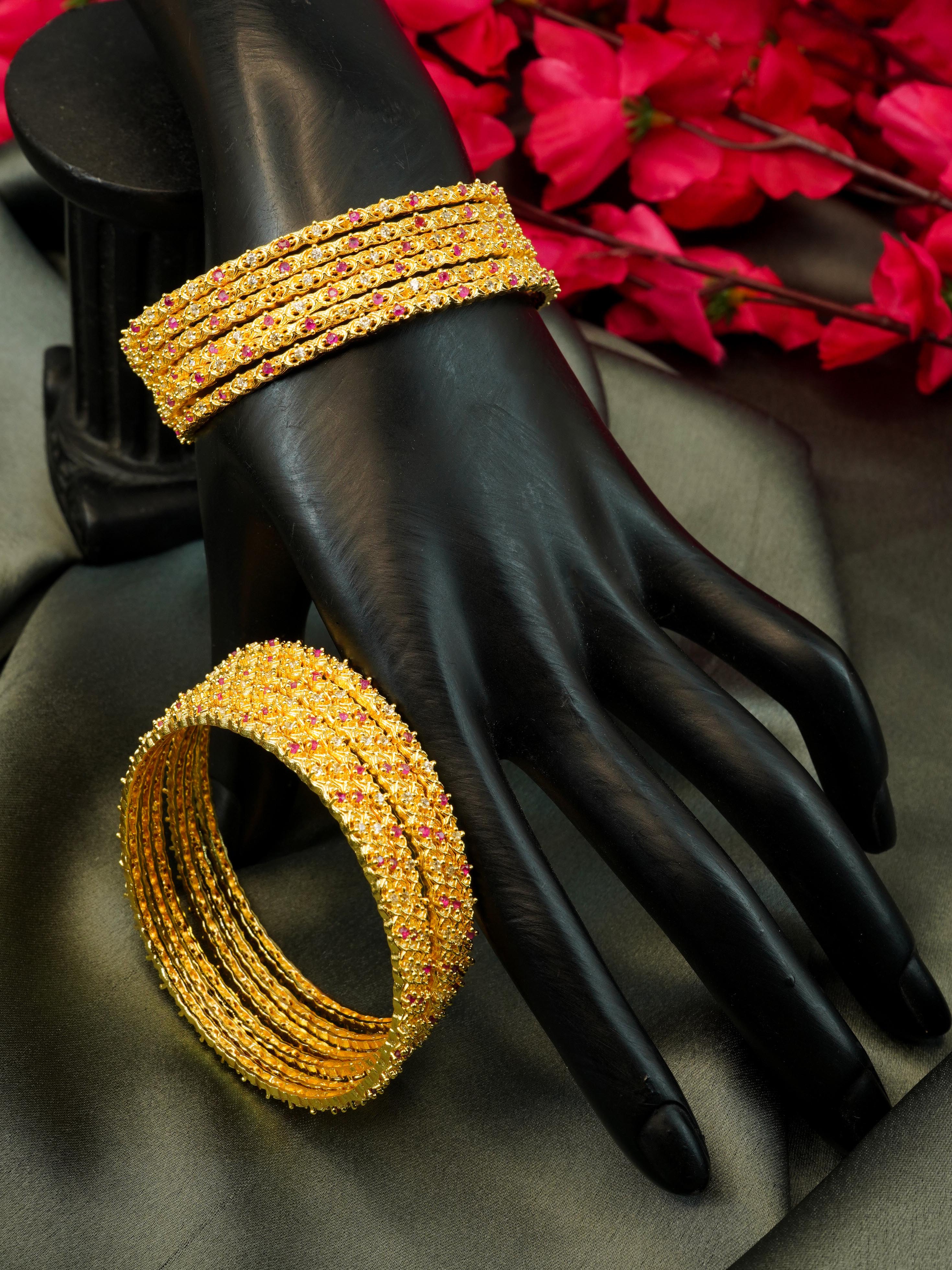 Guaranteed Gold Plated Bangles Set of 12 bangles with Red white cz stones 10320A
