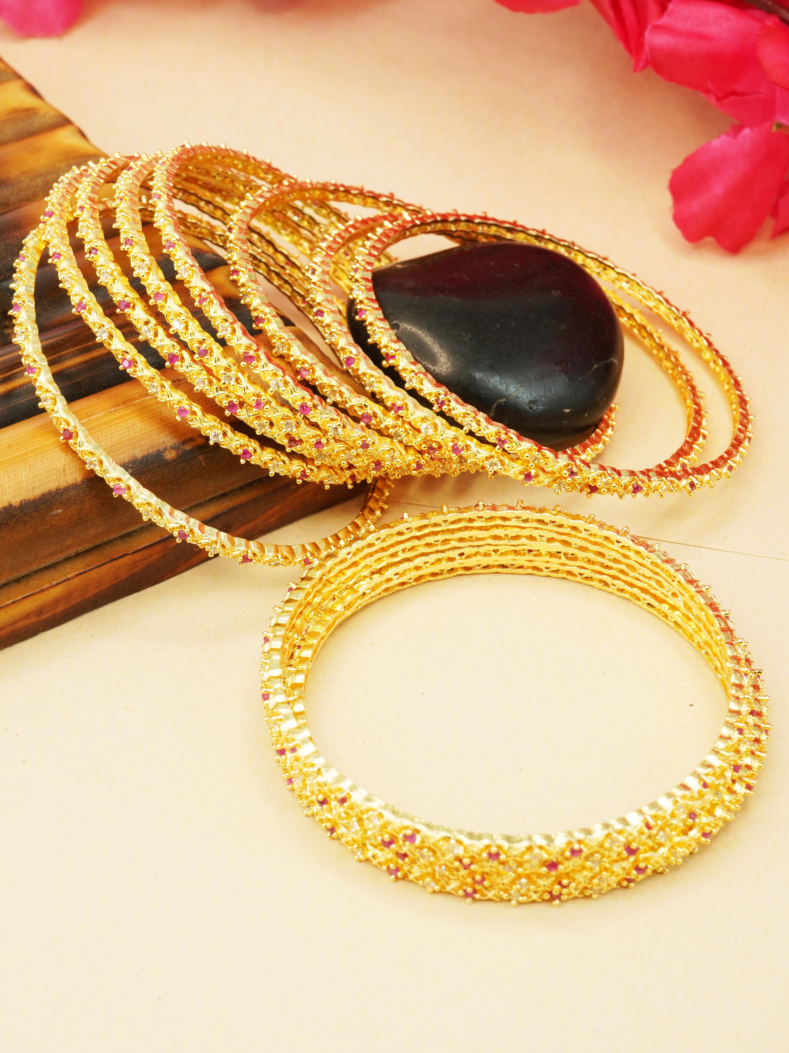 Guaranteed Gold Plated Bangles Set of 12 bangles with Red white cz stones 10320A