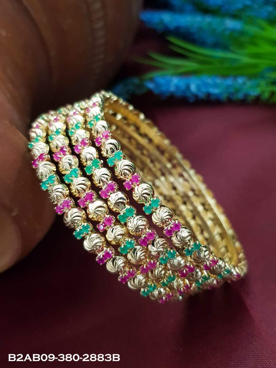 Jeeva Collection High quality Ruby Emerald Stone Set of 4 Bangles B2AB09-380-2882A