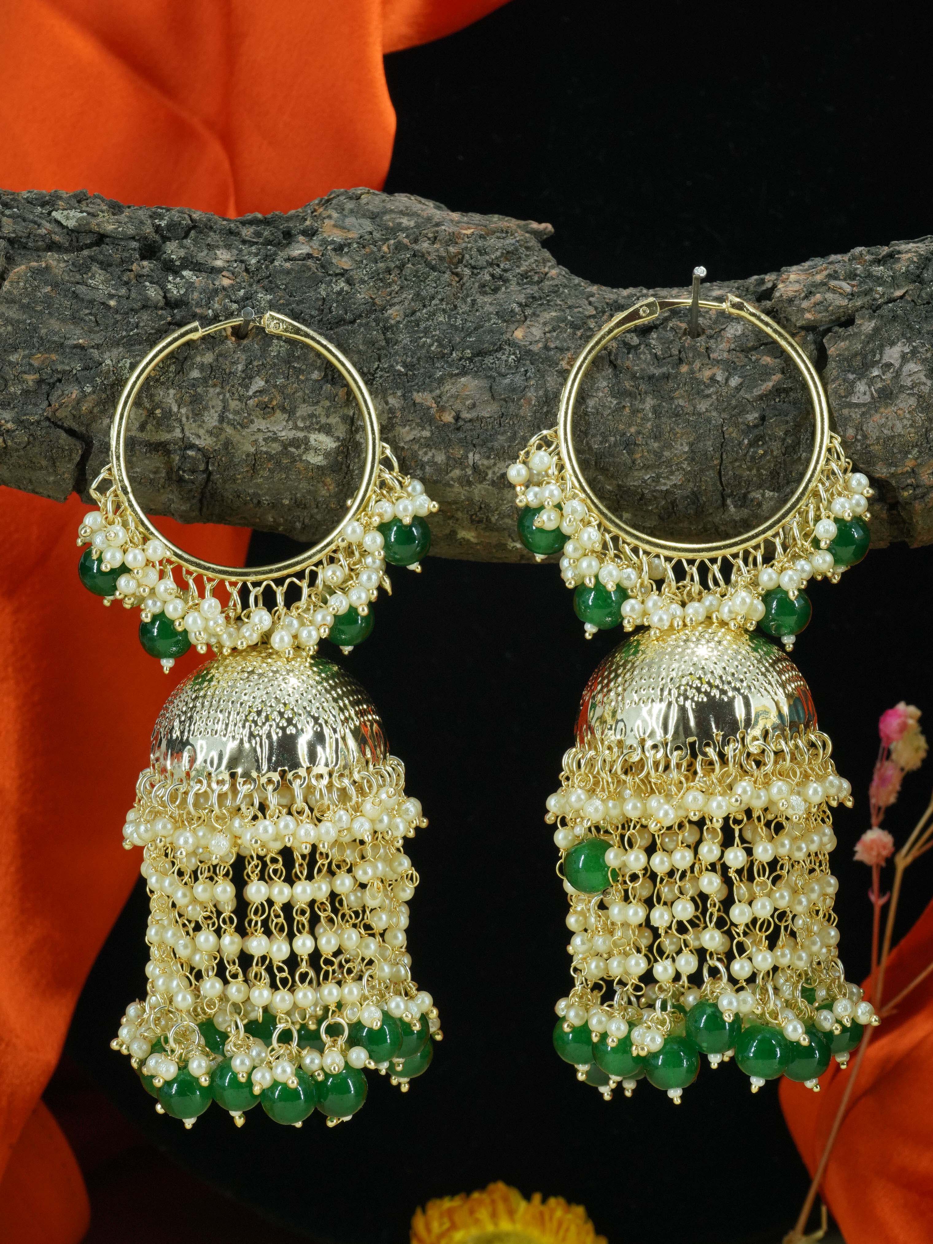 Light Gold Plated Designer Green beads and pearl hangings Earring / Jhumka 9446N