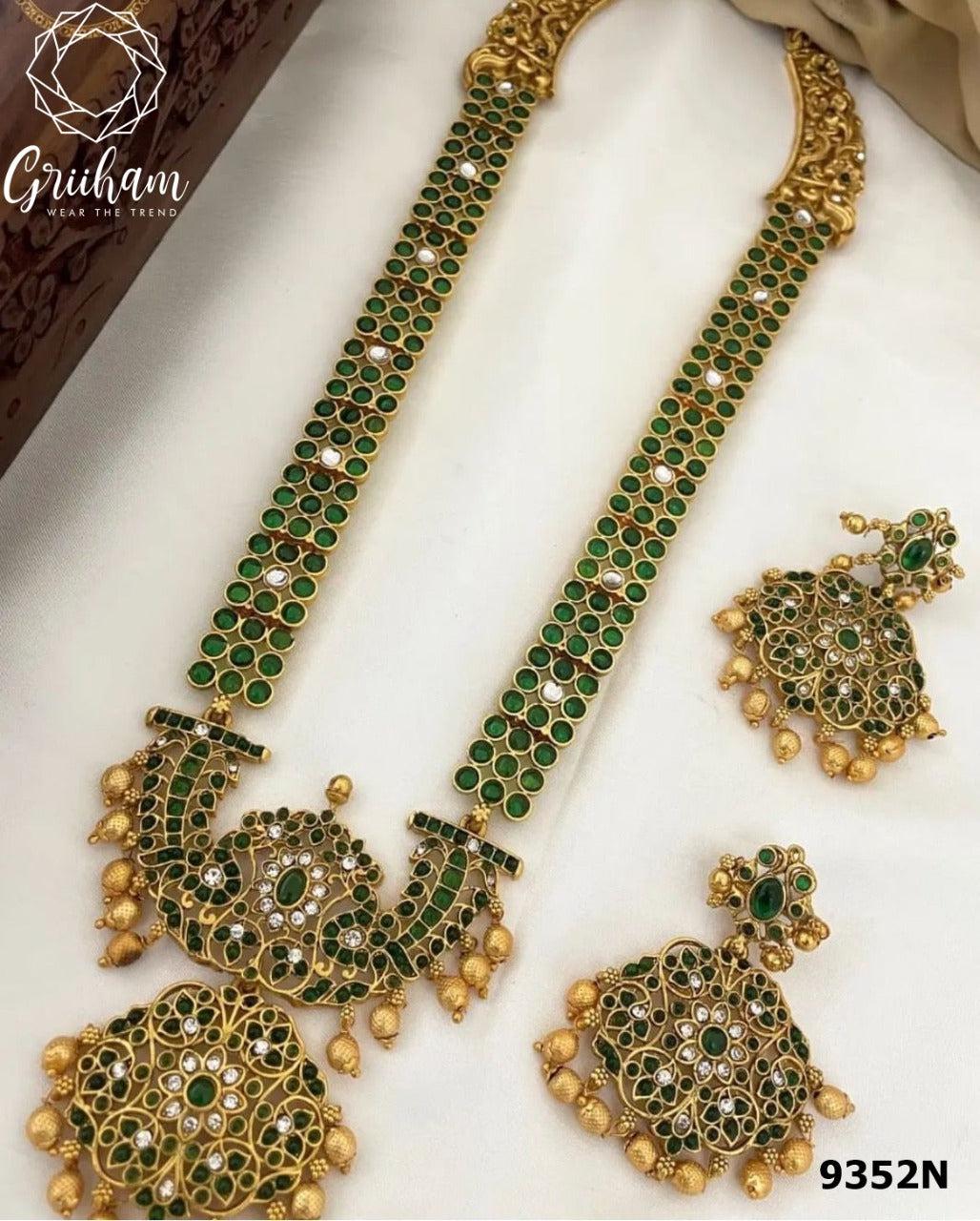 Matt Gold Laxmi Kemp color stone Long Necklace set 9351N-Necklace Set-Kanakam-Green-Griiham