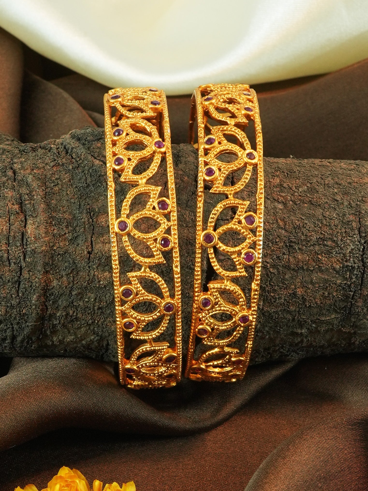Matt Gold Plated Set of 2 designer Bangles with Maroon stones 11525A
