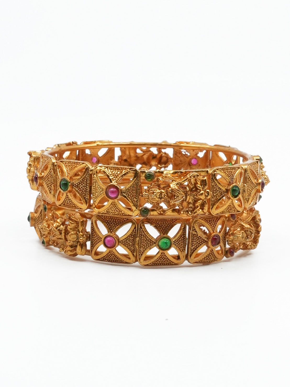 Matt Gold Plated Set of 2 designer Bangles with Multicolor stones 11543A