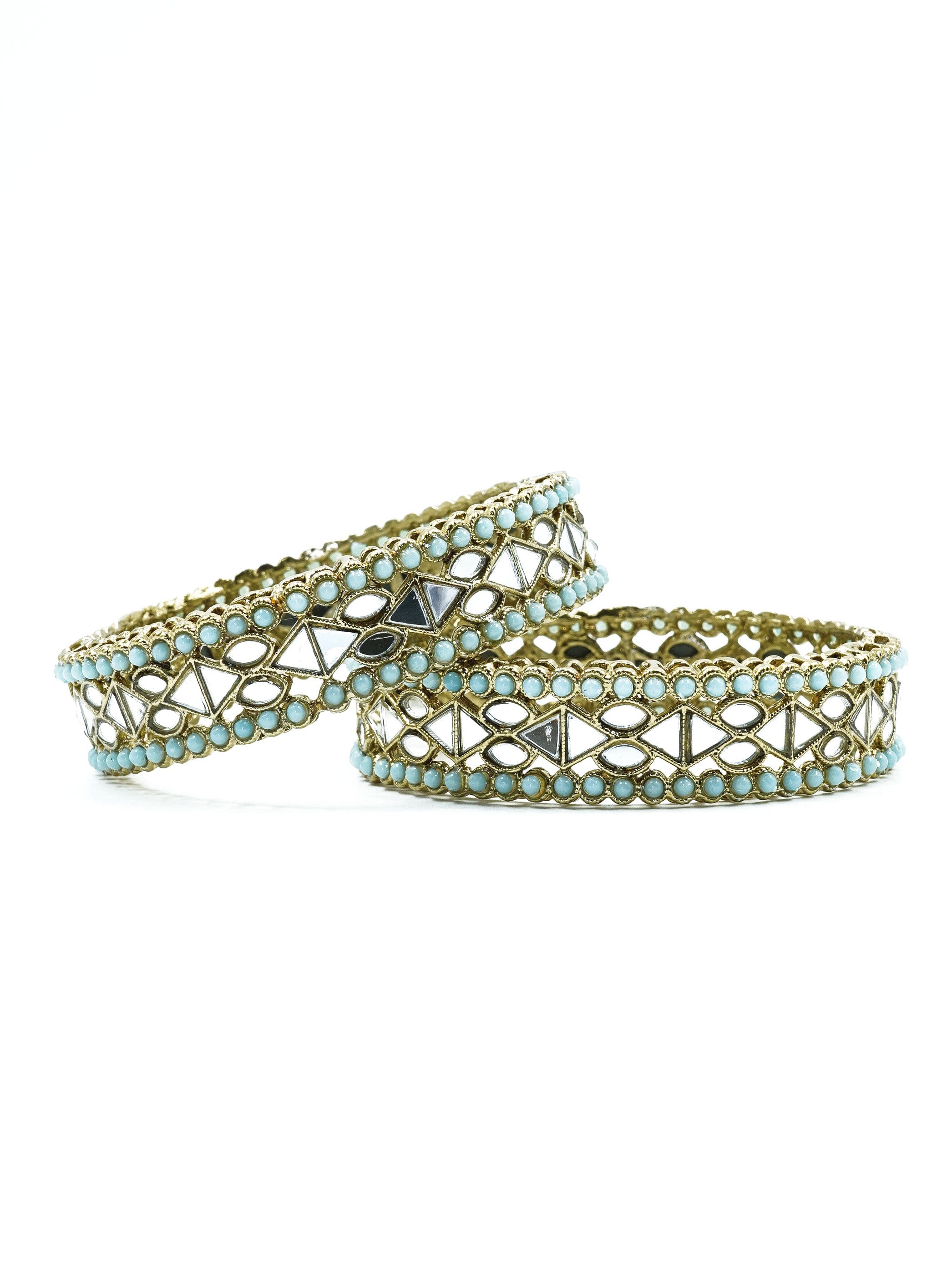 Mehendi Gold Plated Set of 2 designer Bangles with mirror fitting Blue beads 10866C
