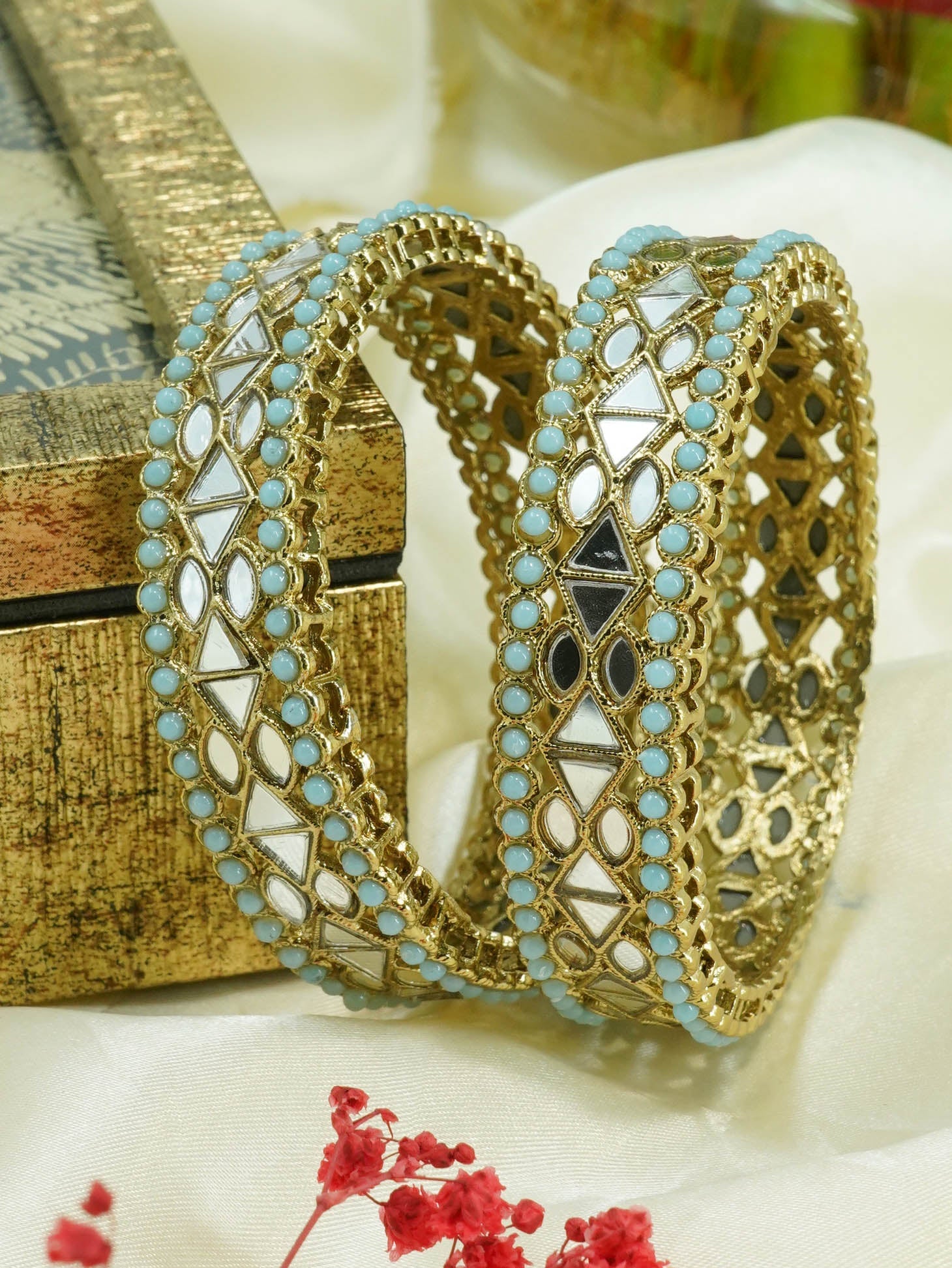 Mehendi Gold Plated Set of 2 designer Bangles with mirror fitting Blue beads 10866C