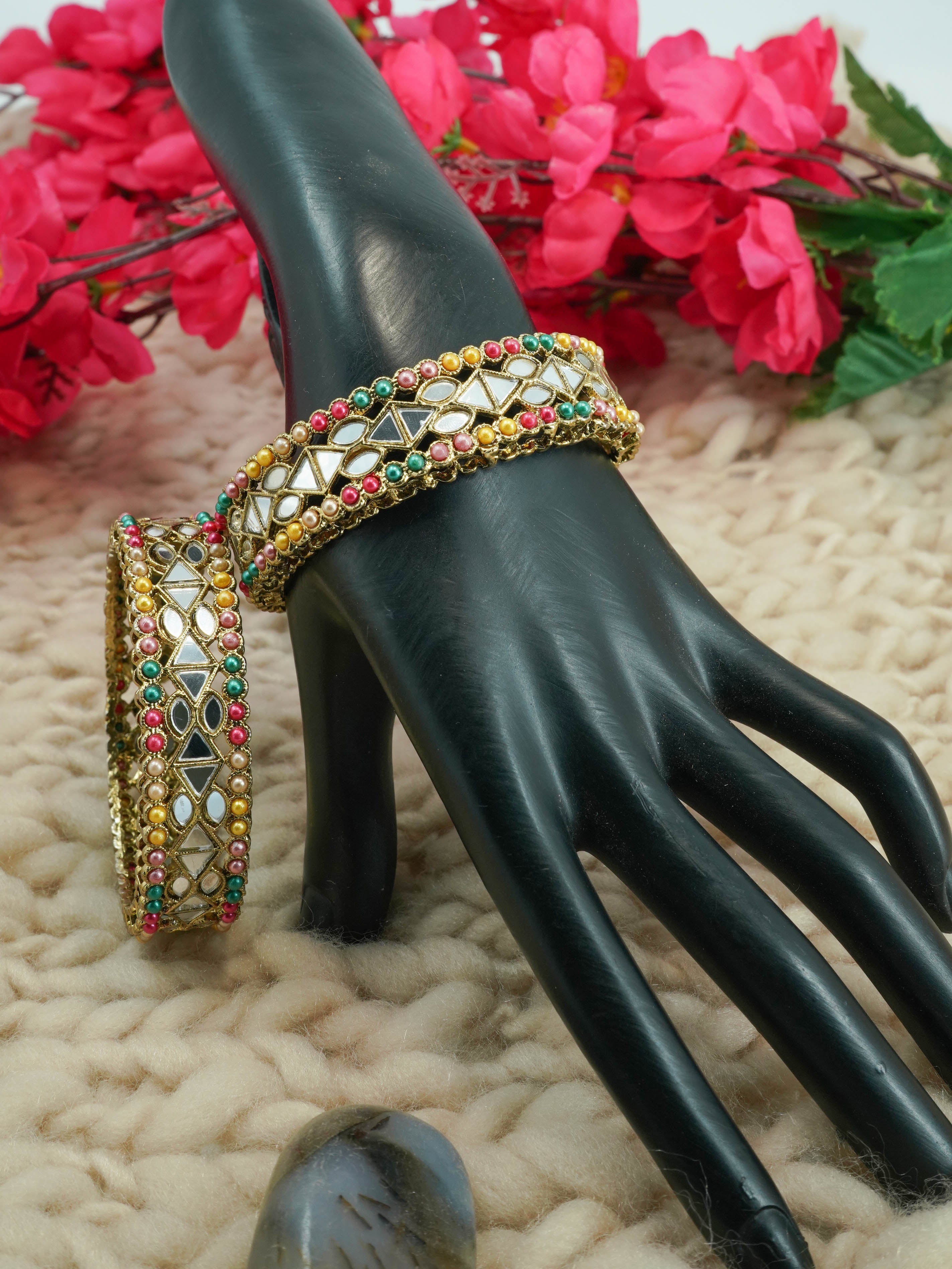 Mehendi Plated Set of 2 designer Bangles with mirror fitting multicolor beads 10883B