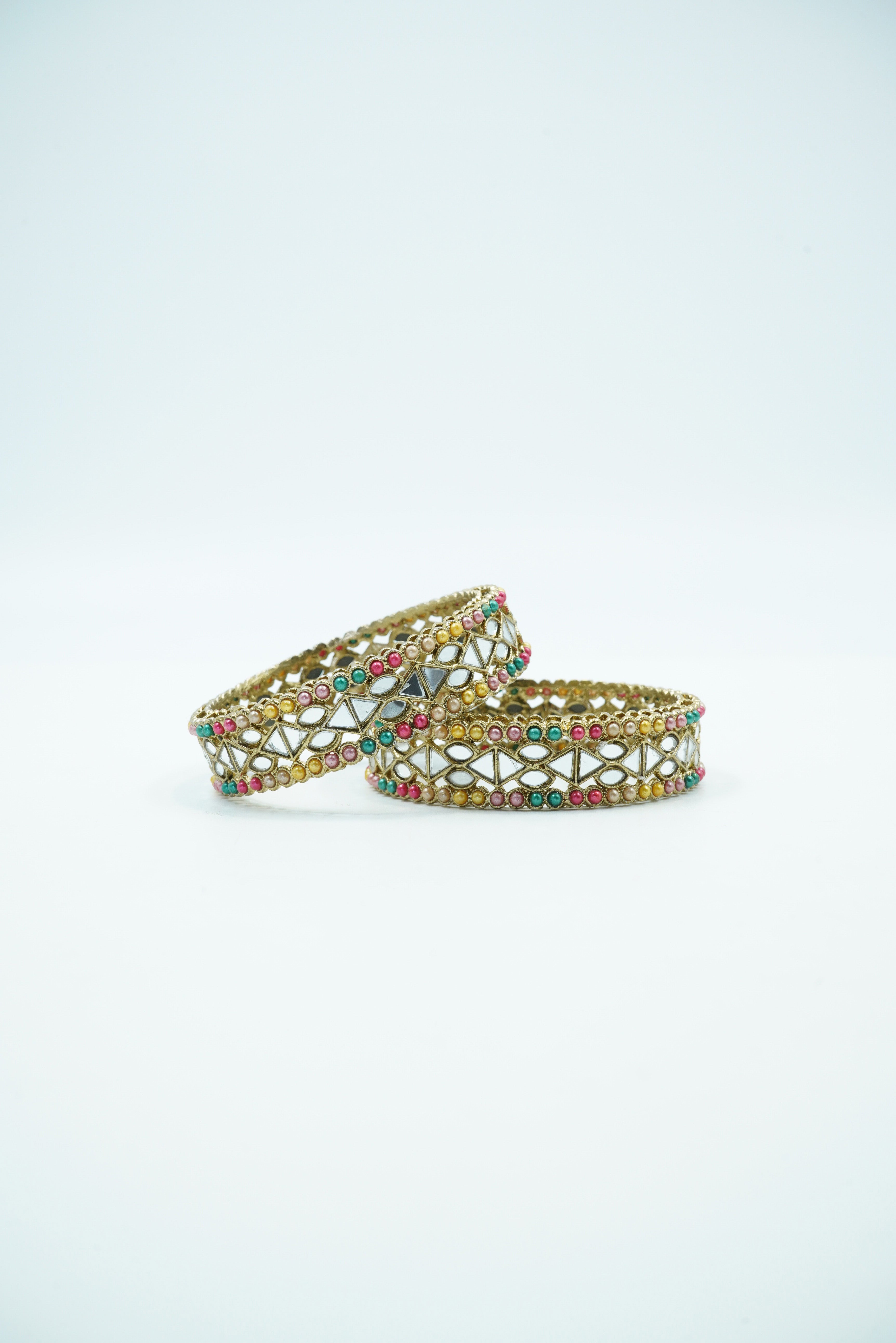Mehendi Plated Set of 2 designer Bangles with mirror fitting multicolor beads 10883B