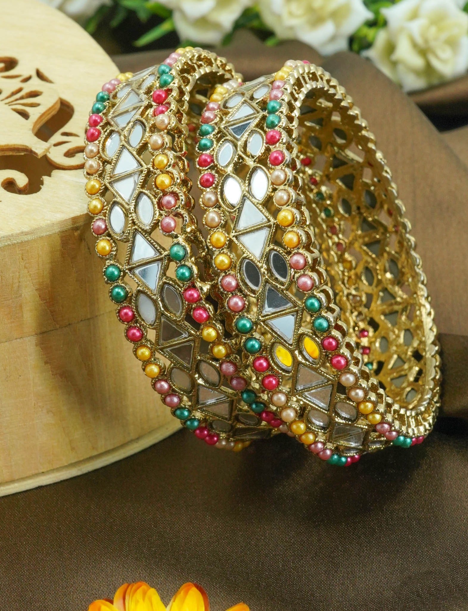 Mehendi Plated Set of 2 designer Bangles with mirror fitting multicolor beads 10883B