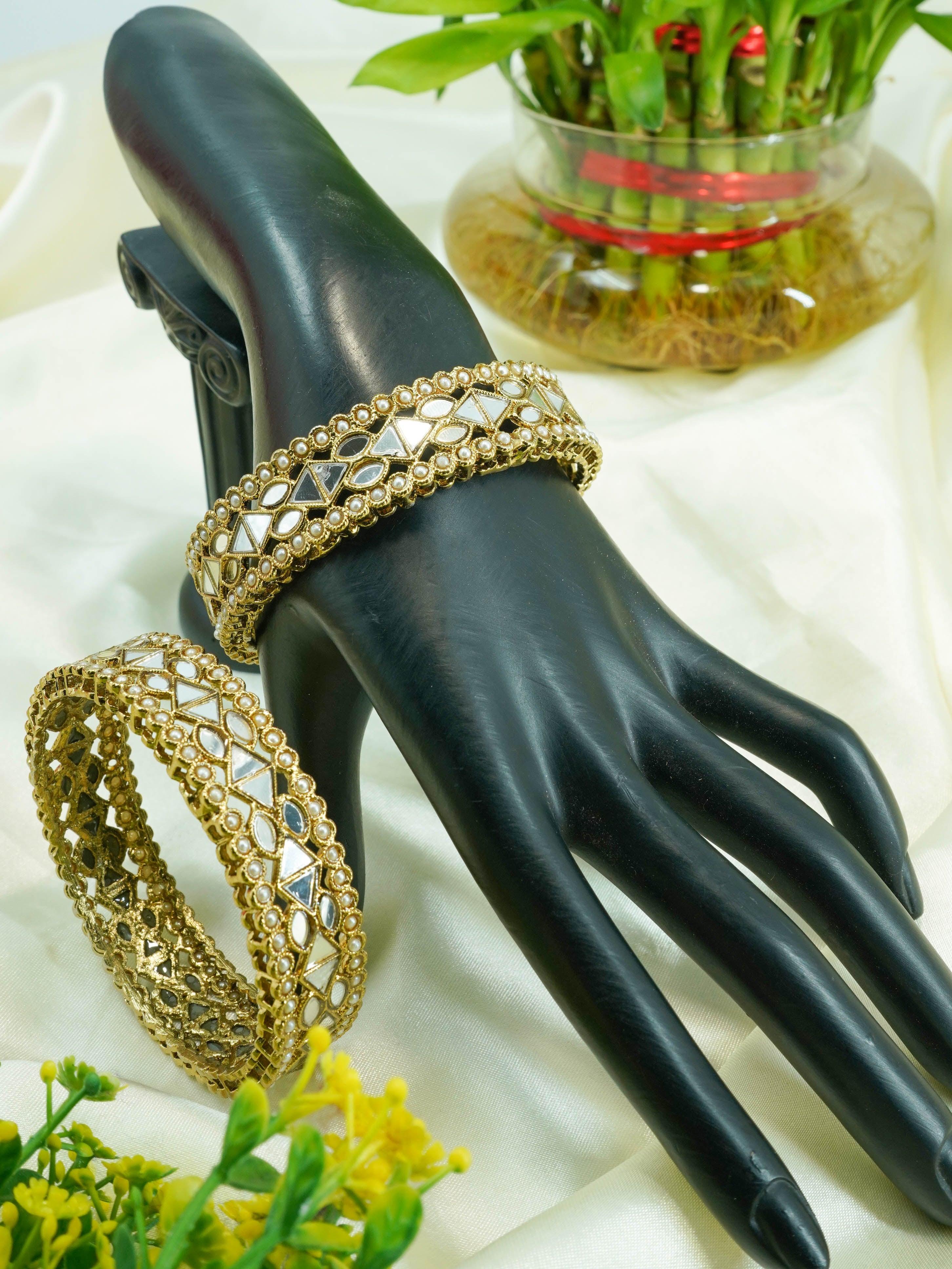 Mehendi Plated Set of 2 designer Bangles with mirror fitting white beads 10878C