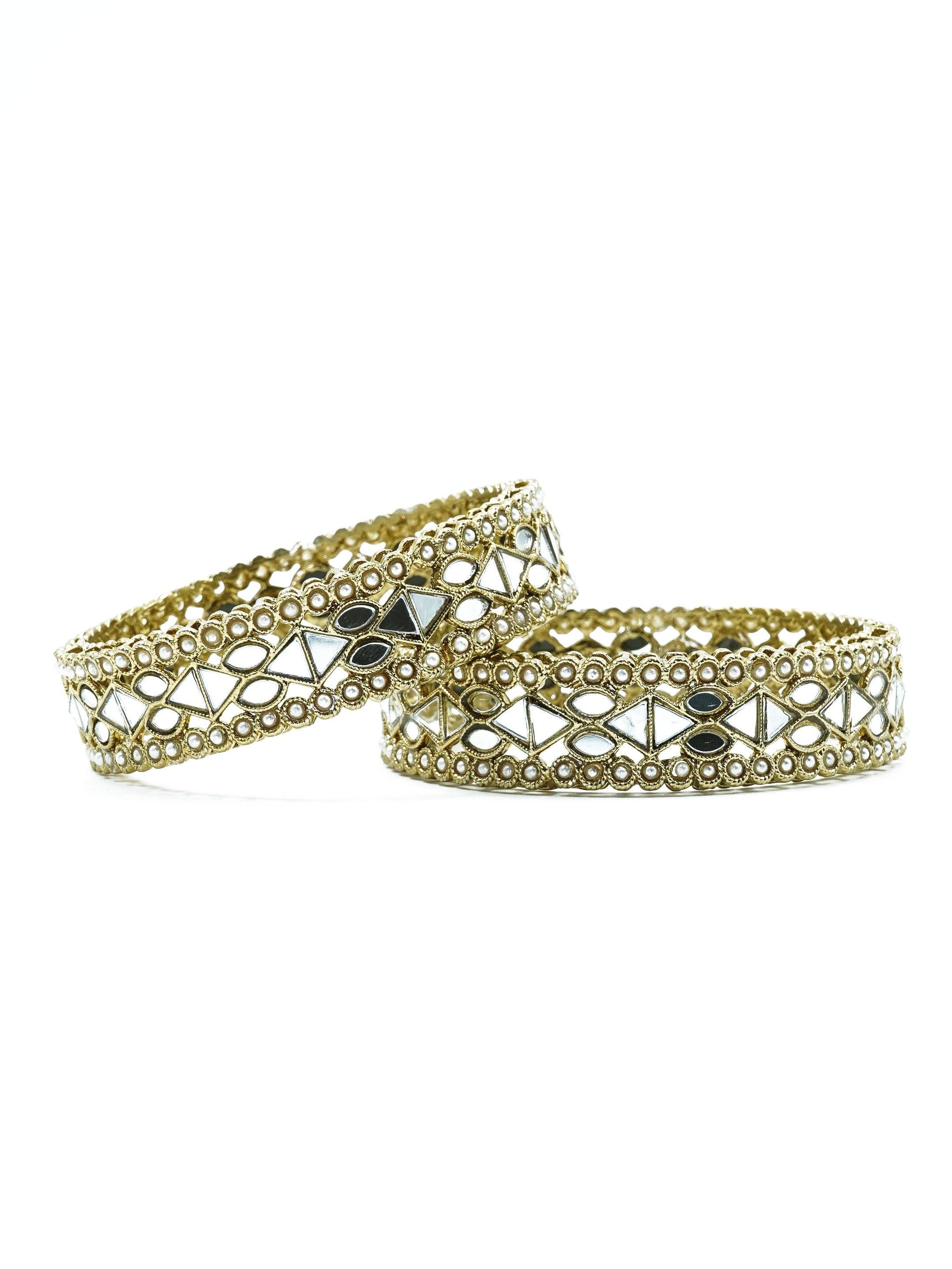 Mehendi Plated Set of 2 designer Bangles with mirror fitting white beads 10878C
