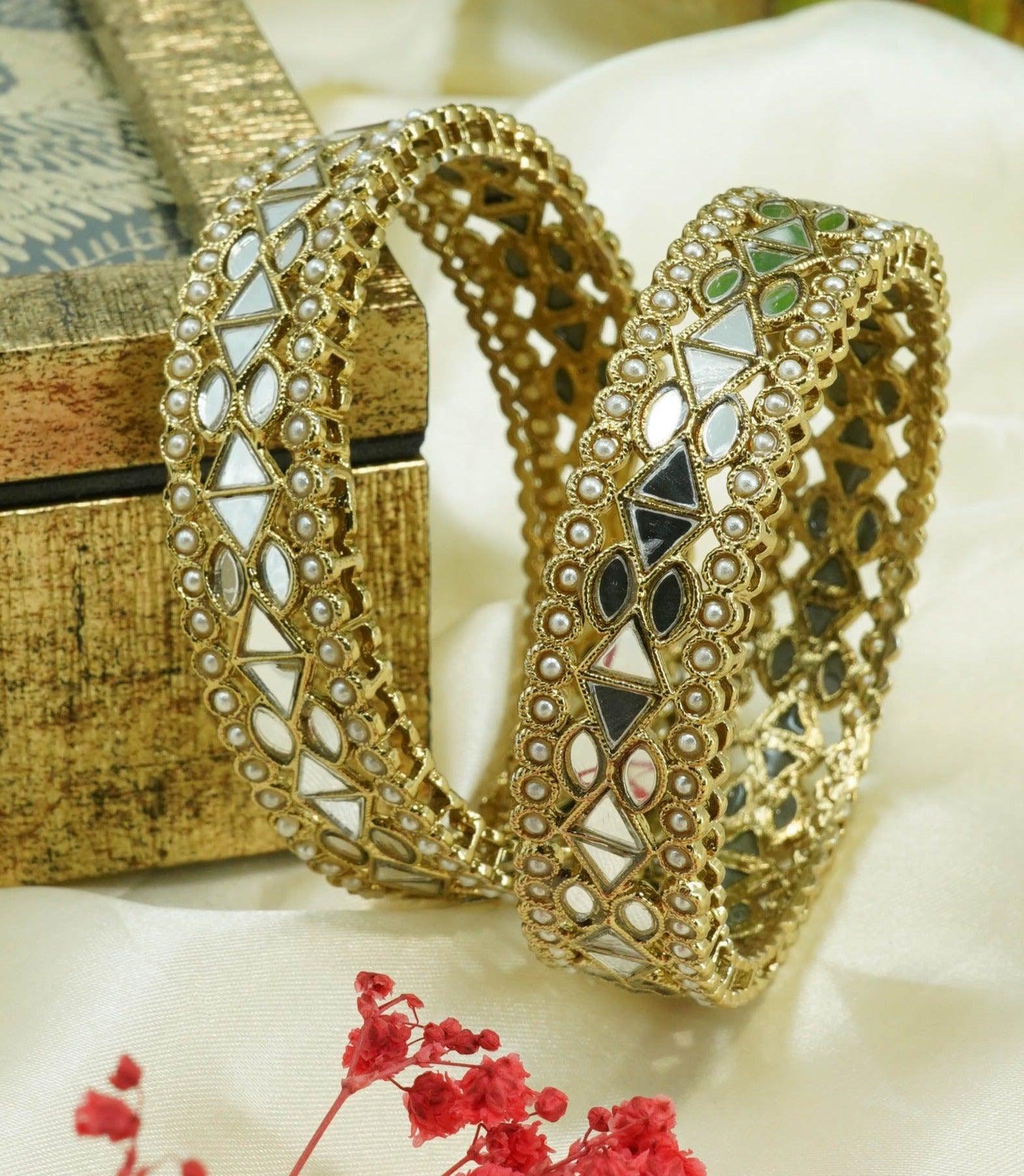 Mehendi Plated Set of 2 designer Bangles with mirror fitting white beads 10878C