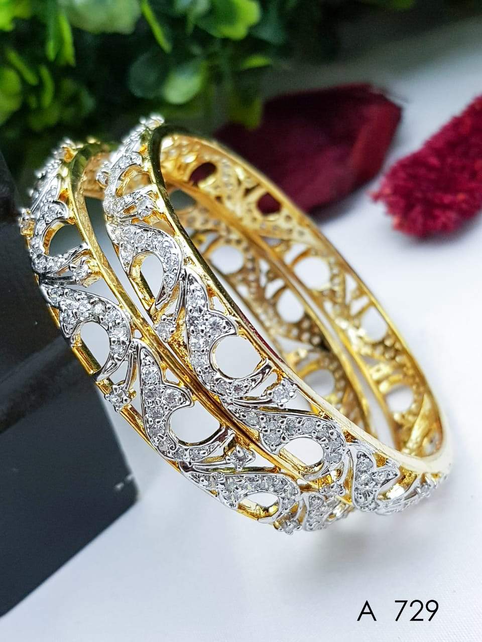 Micro Gold Plated AD/CZ Diamond designs collection Set of 2 Bangles B2SN10-350-3127A