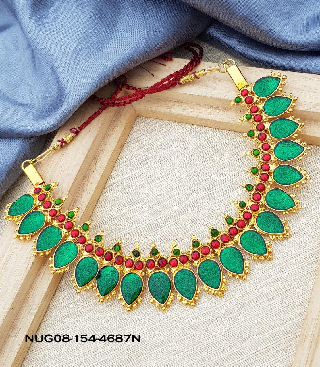 Micro Gold Plated Green Meena nagapadam necklace set suitable for Marriages Bharat Natyam and occasions