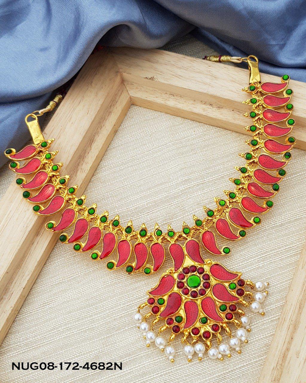 Micro Gold Plated Red Meena nagapadam necklace set suitable for Marriages Bharat Natyam and occasions 4682N