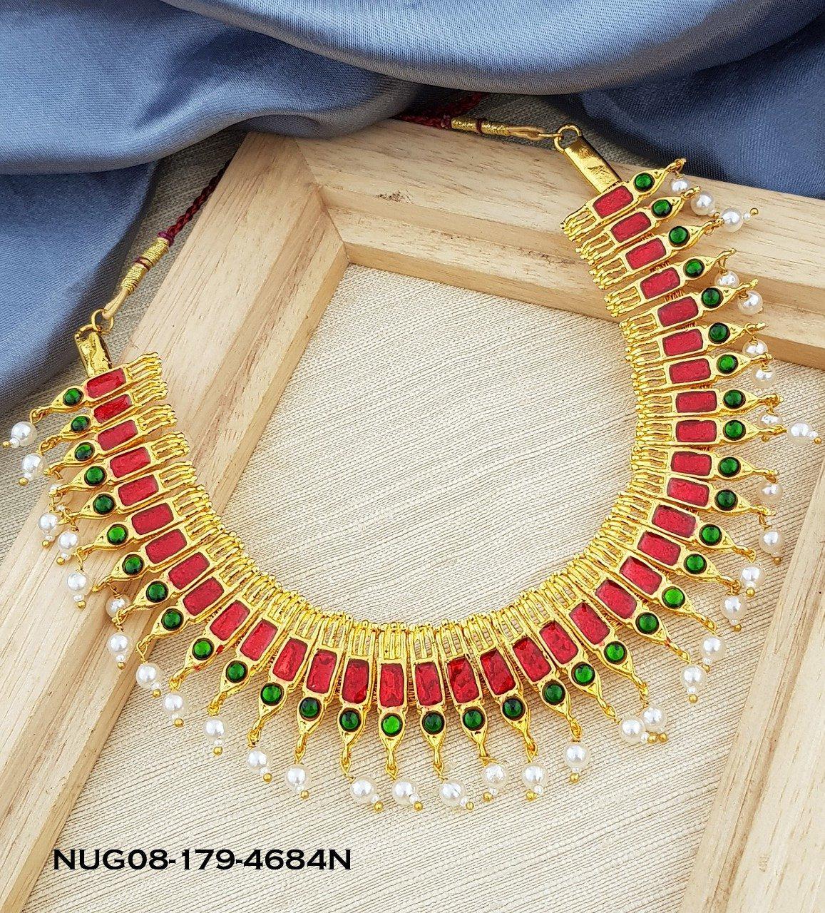 Micro Gold Plated Red Meena nagapadam necklace set suitable for Marriages Bharat Natyam and occasions 4684N
