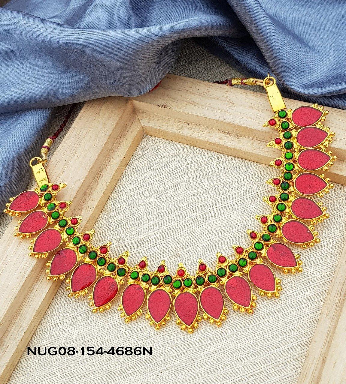 Micro Gold Plated Red Meena nagapadam necklace set suitable for Marriages Bharat Natyam and occasions 4686N