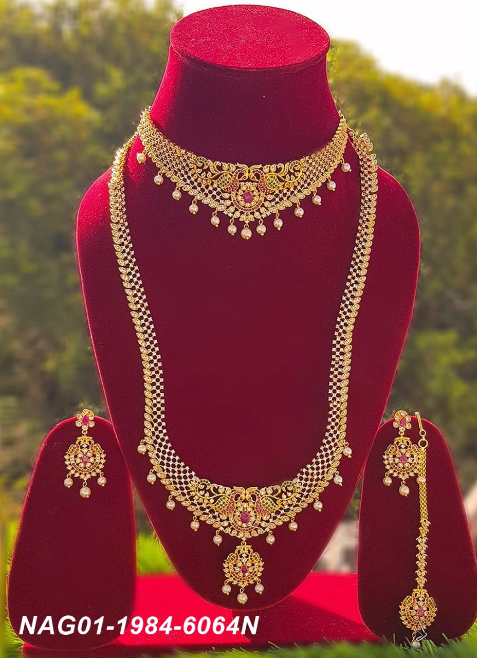 Exclusive Sayara AD Collection High Quality Multi Colour AD Bridal Wear Necklace Set Combo (Long+short) with Maang Tikka NAG01-1984-6064N
