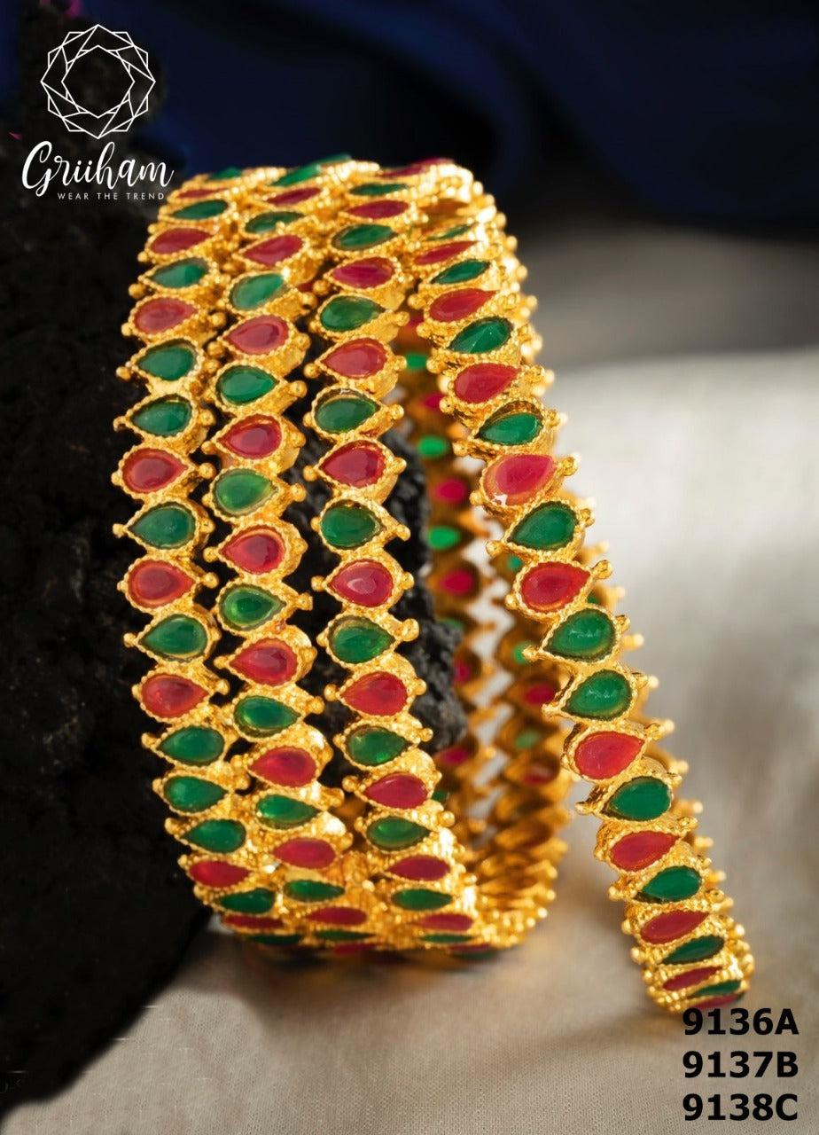 Micro Gold Plated Set of 4 Bangles with Red Green Color Stones 9136A-Designer Bangles-Griiham-2.4-Griiham