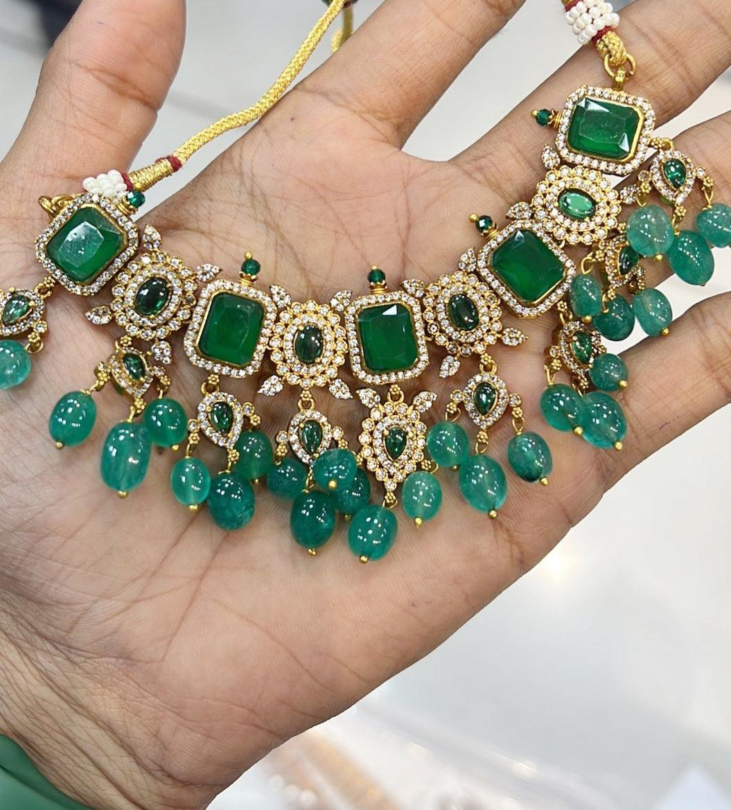 Nayanthara Premium Gold Plated Royal Green Hangigs Choker Set 8590N-Necklace Set-Griiham-Griiham