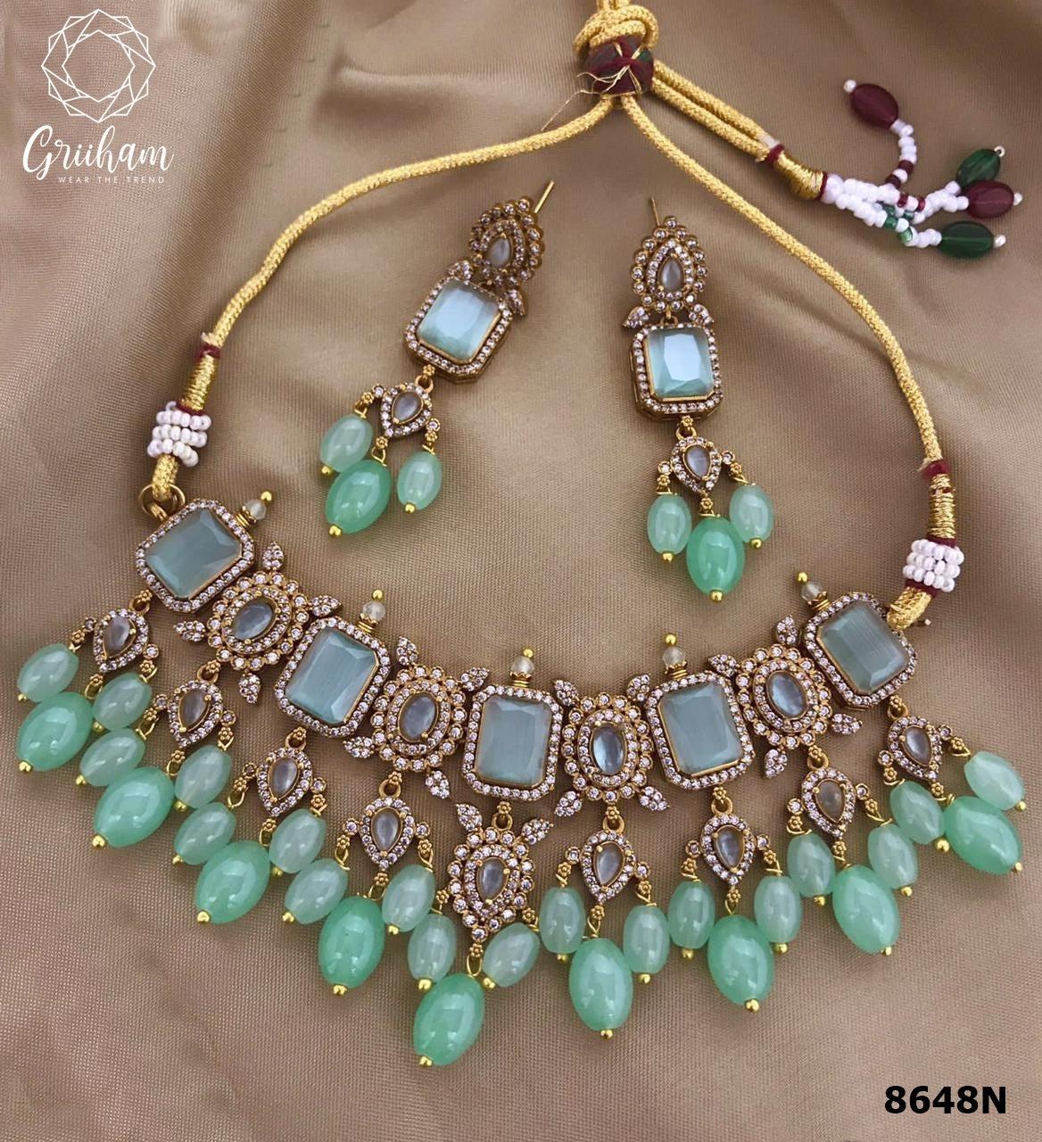 Nayanthara Premium Gold Plated Royal Green Hangigs Choker Set 8590N-Necklace Set-Griiham-Mint Green-Griiham