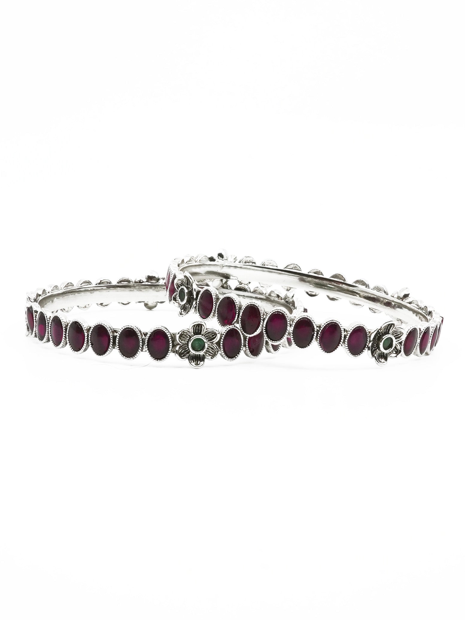 Oxidised silver Plated Set of 2 designer Bangles with Maroon stones 11513A