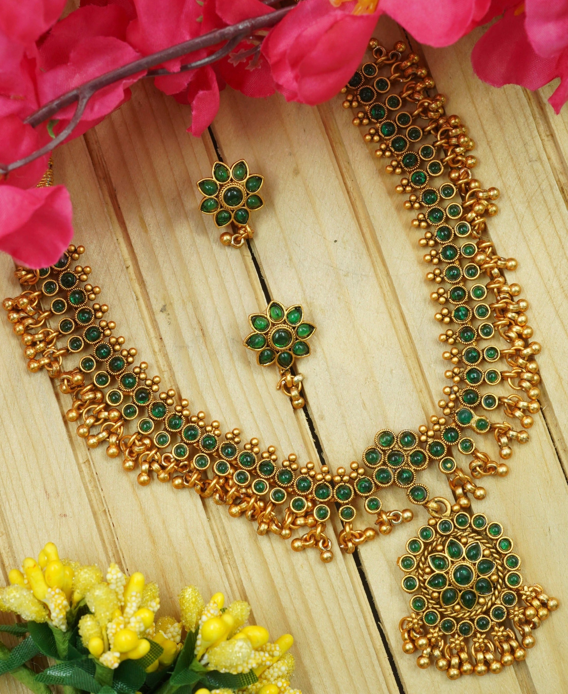 Premium Antique Gold Finish Ruby/Emerald Floral motif 10960n