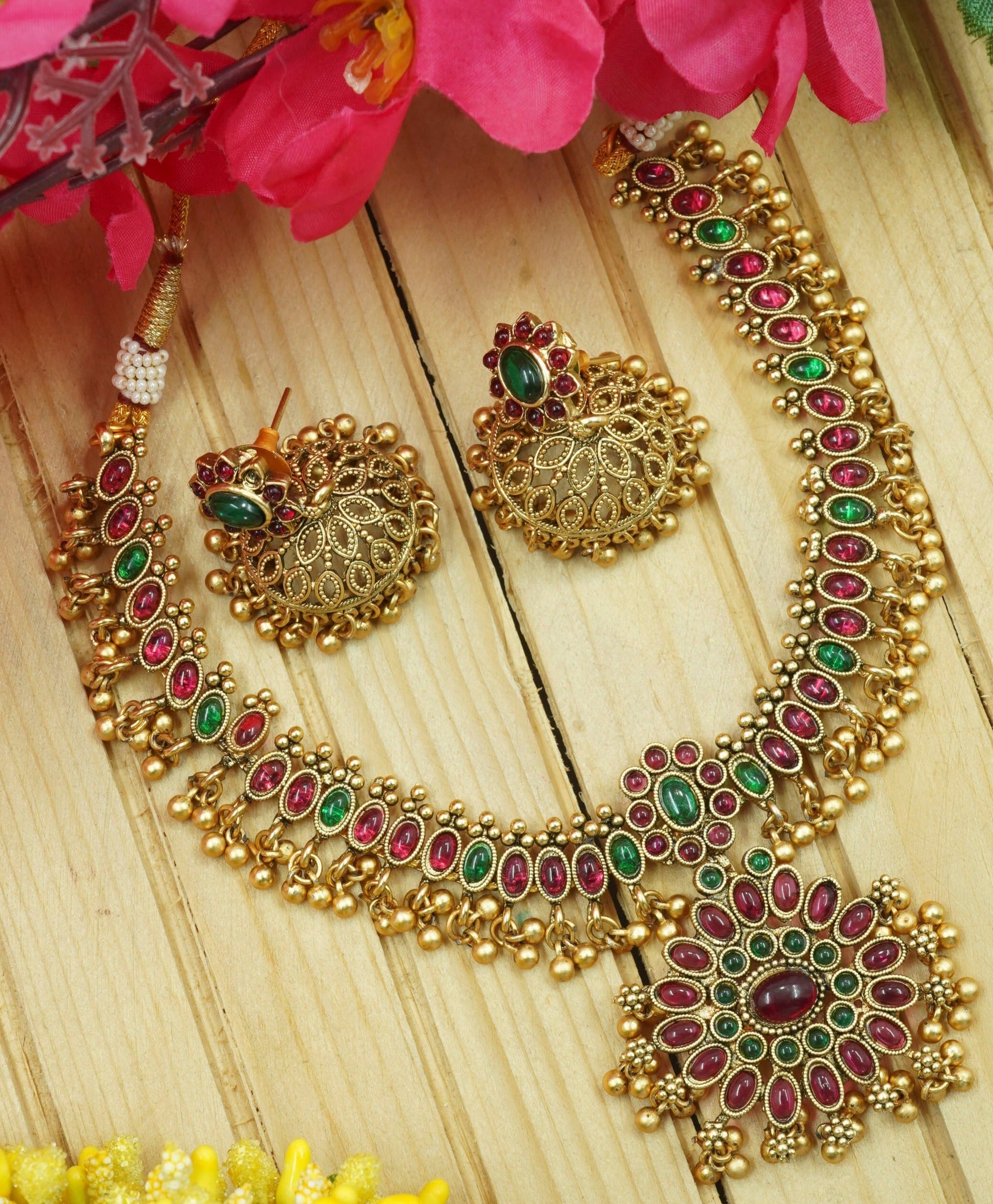 Premium Antique Gold Finish Ruby/Emerald Floral motif 10968n