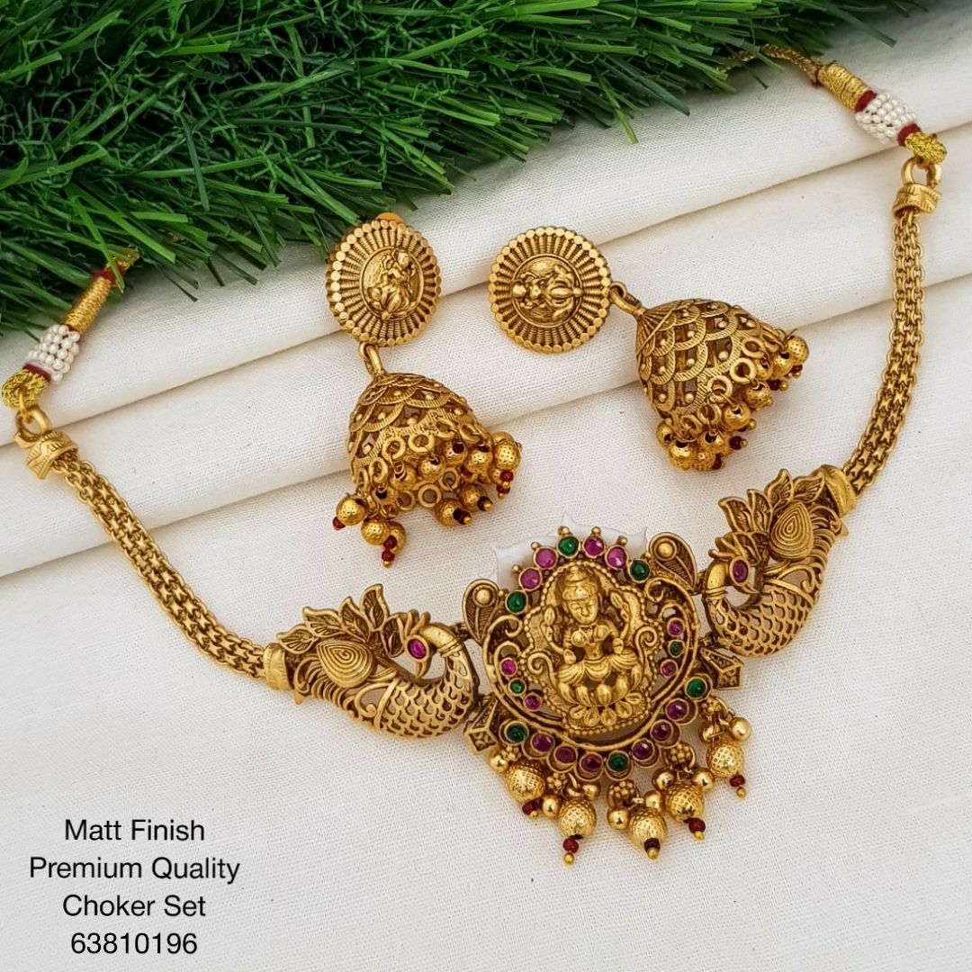 Premium Antique Gold Finish Ruby/Emerald Laxmi motif choker 10977n