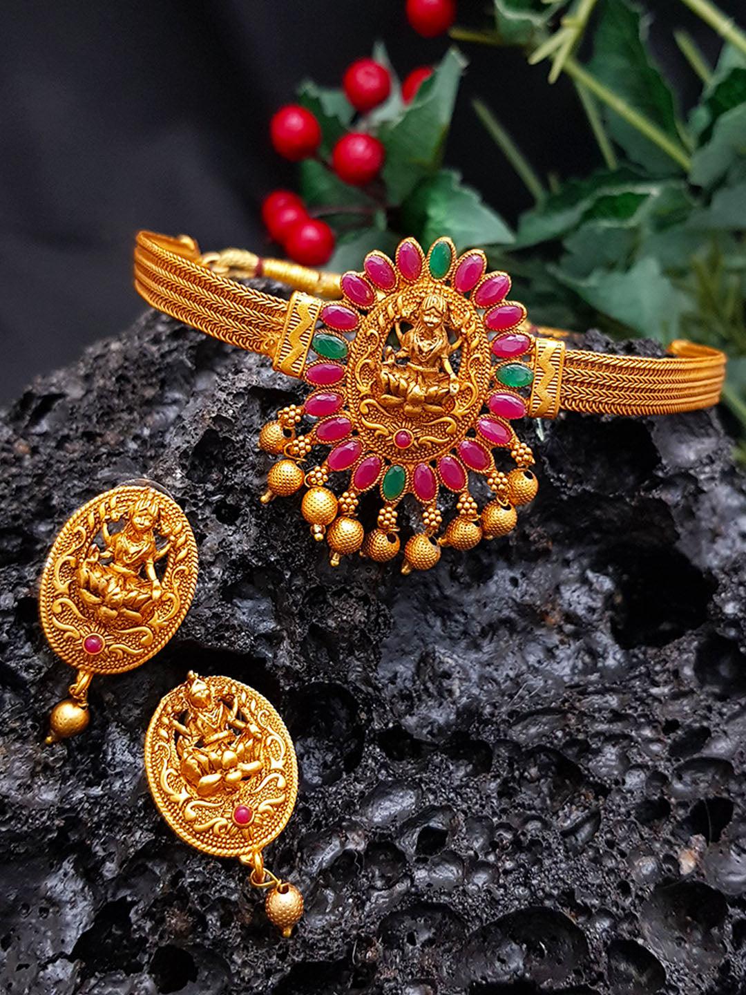 Premium Antique Gold plated Laxmi Design choker Necklace set 7998N-Necklace Set-Kanakam-Griiham
