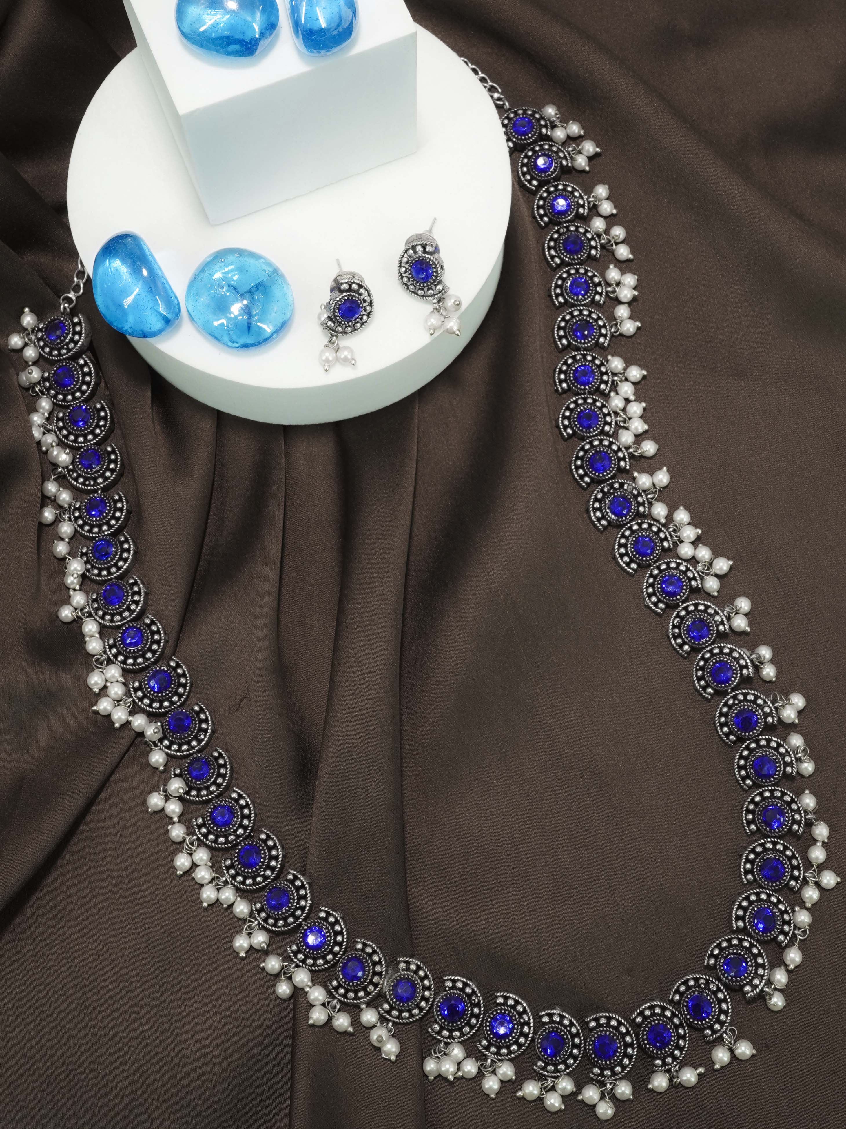 Premium Classy Oxidised Necklace Set with pearls and with different colour stones Options 11934N