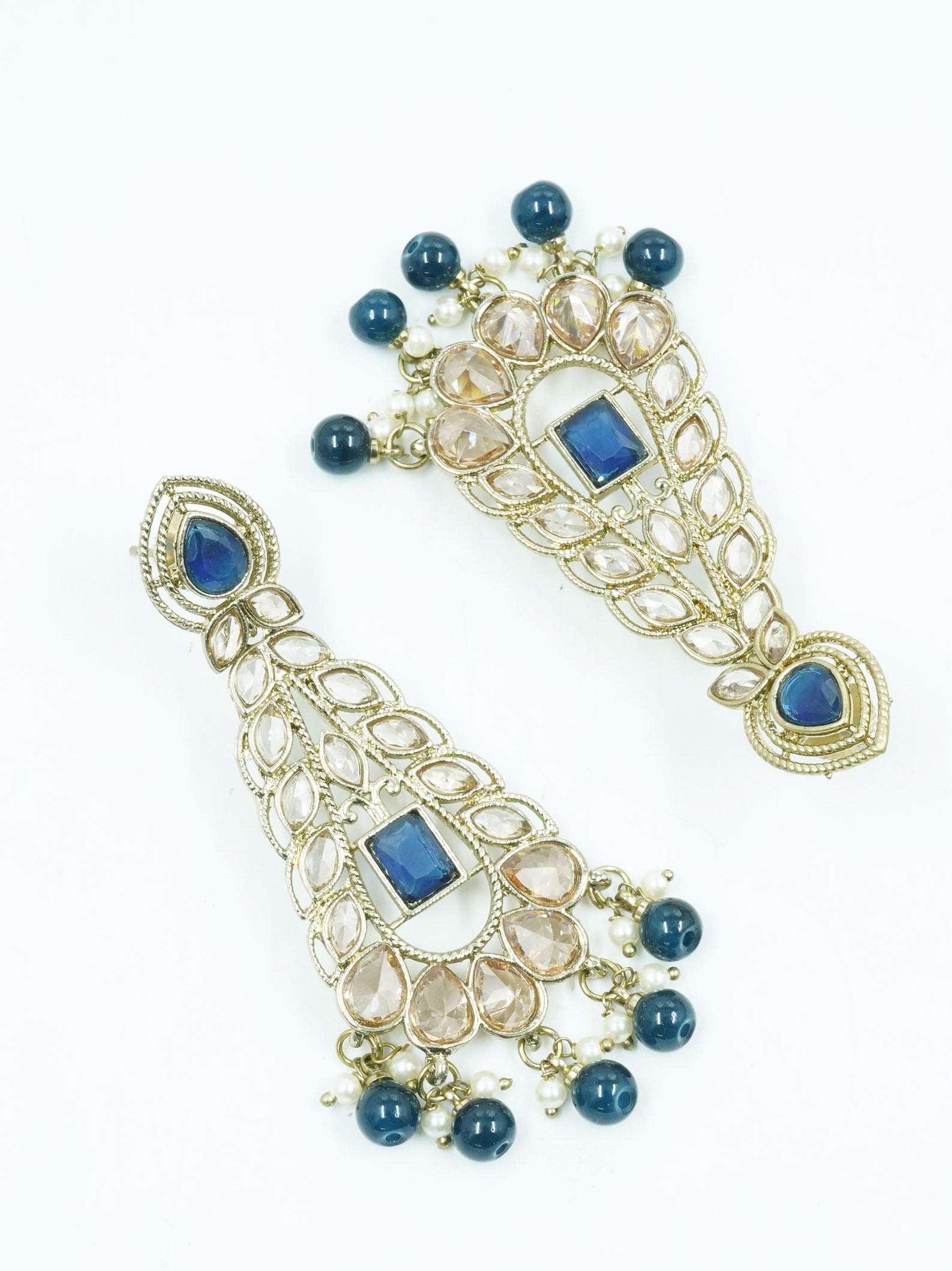 Premium Faint Gold Polish Jhumki Earrings with Mirror Stones and Blue Colour Stones 11749N