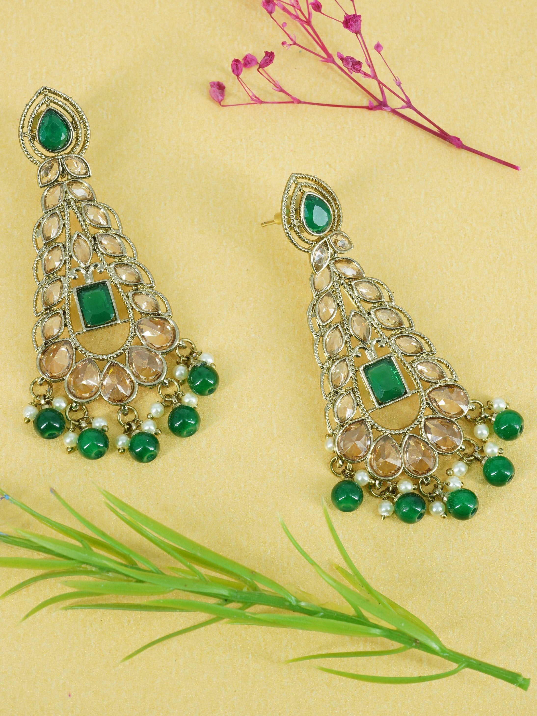 Premium Faint Gold Polish Jhumki Earrings with Mirror Stones and Green Stones 11747N
