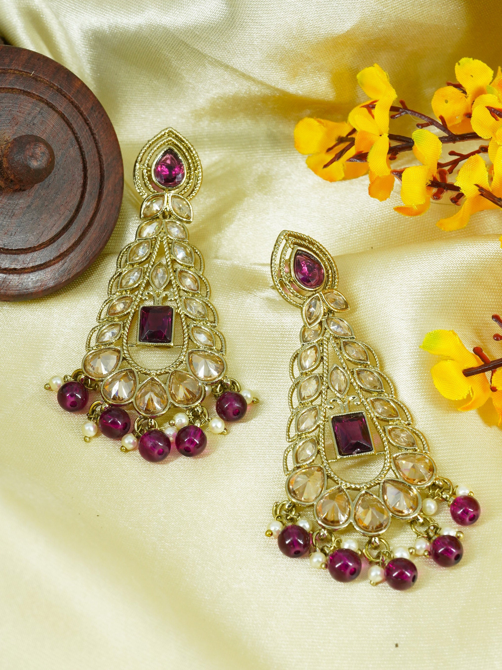 Premium Faint Gold Polish Jhumki Earrings with Mirror Stones and Purple Stone 11748N