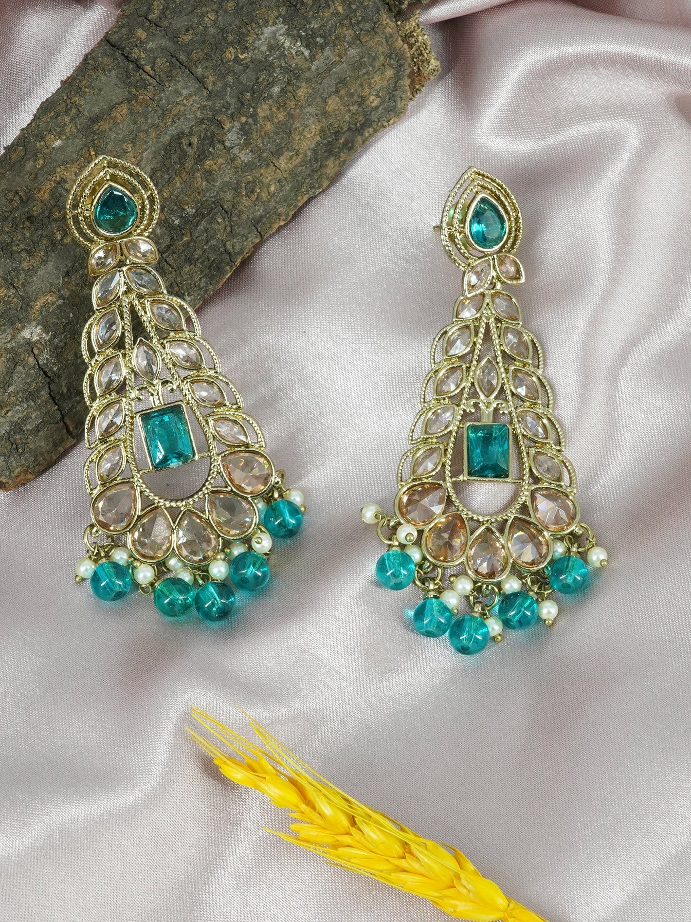 Premium Faint Gold Polish Jhumki Earrings with Mirror Stones and Turqoise stones 11746N