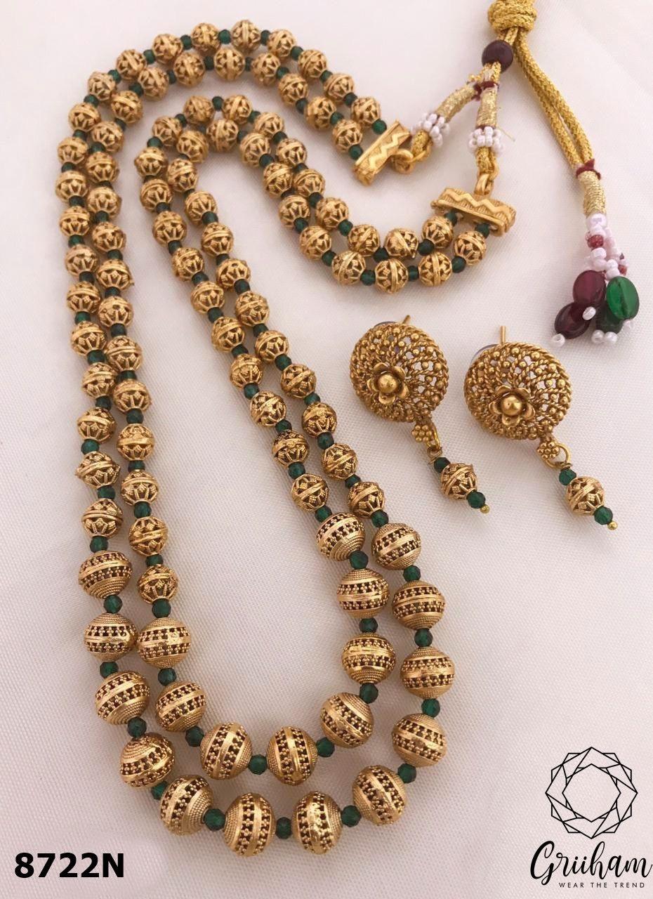Premium Gold Finish Brass 1st quality Real Pearl / Coral / jade Chain with earrings 8722N-Beads Chains-Griiham-Griiham