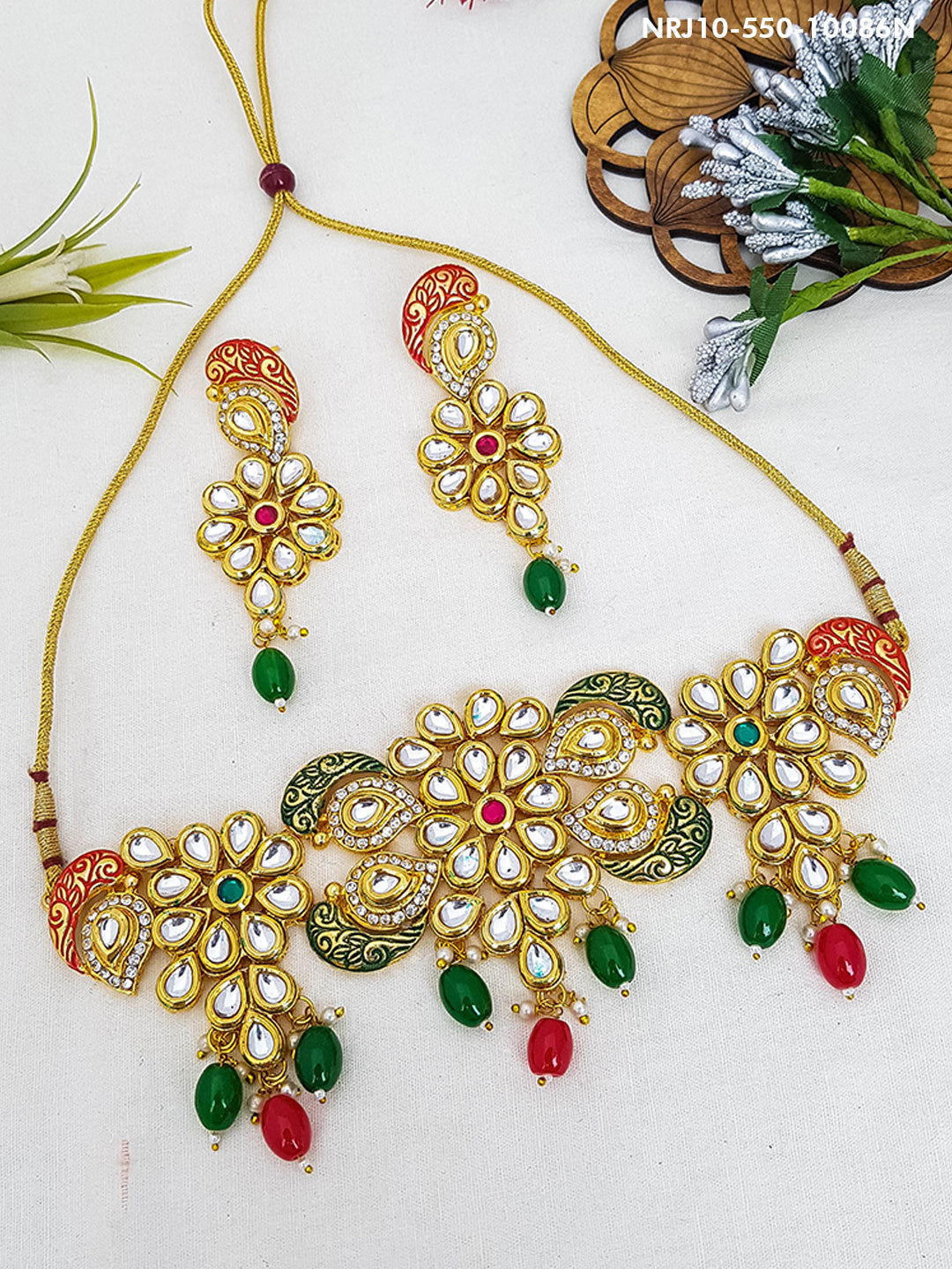 Premium Gold Finish Kundan with enamelling work Necklace Set 10086N
