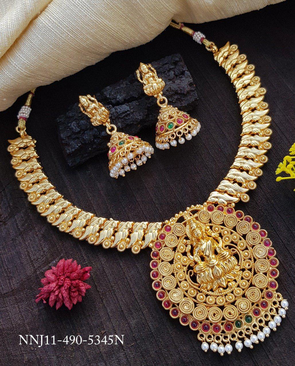 Premium Gold Finish Laxmi Short Necklace set with CZ stones 5345N
