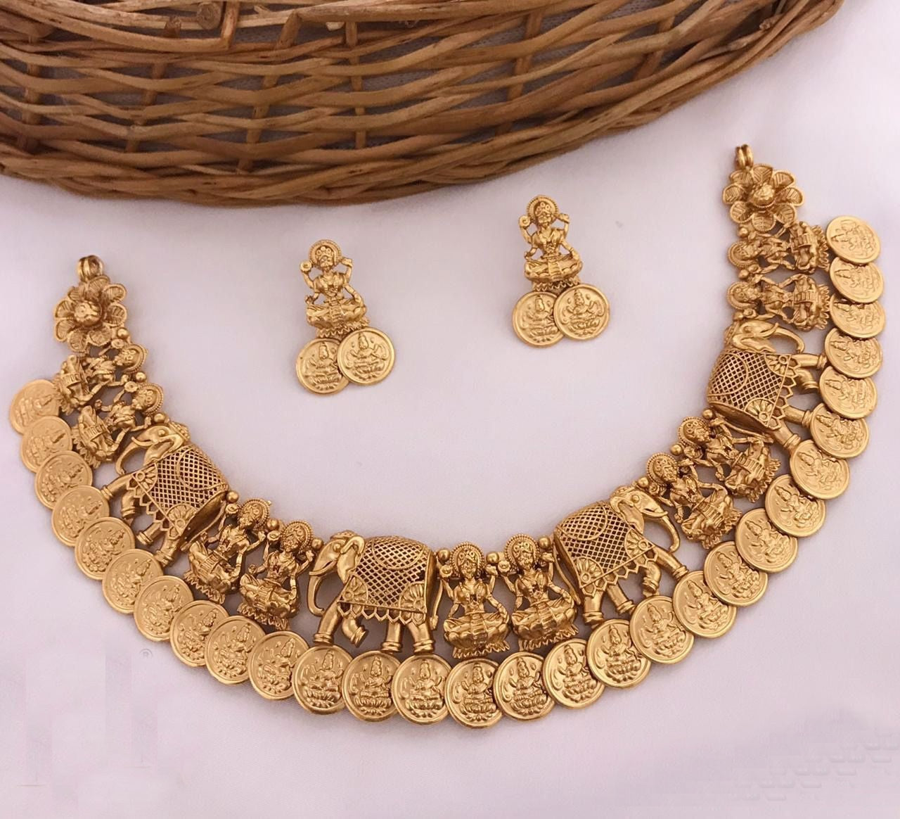 Premium Gold Finish Laxmi devi Short Necklace set 9895N