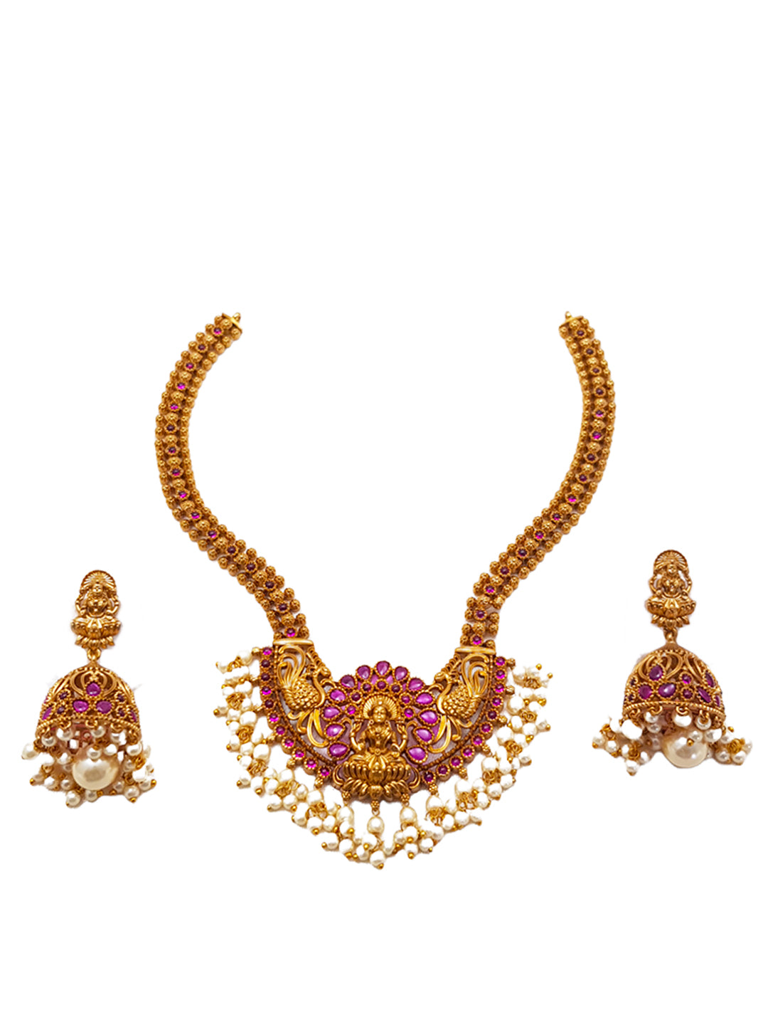 Premium Gold Finish Long Laxmi Hara Necklace set with pearls 5794N-Necklace Set-Griiham-Ruby Red-Griiham