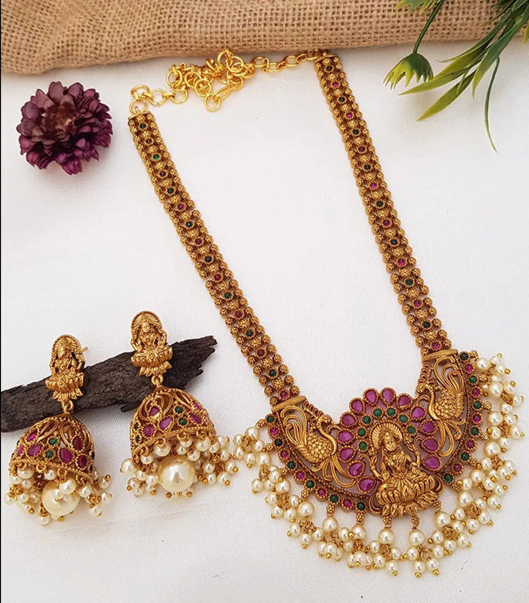 Premium Gold Finish Long Laxmi Hara Necklace set with pearls 5794N