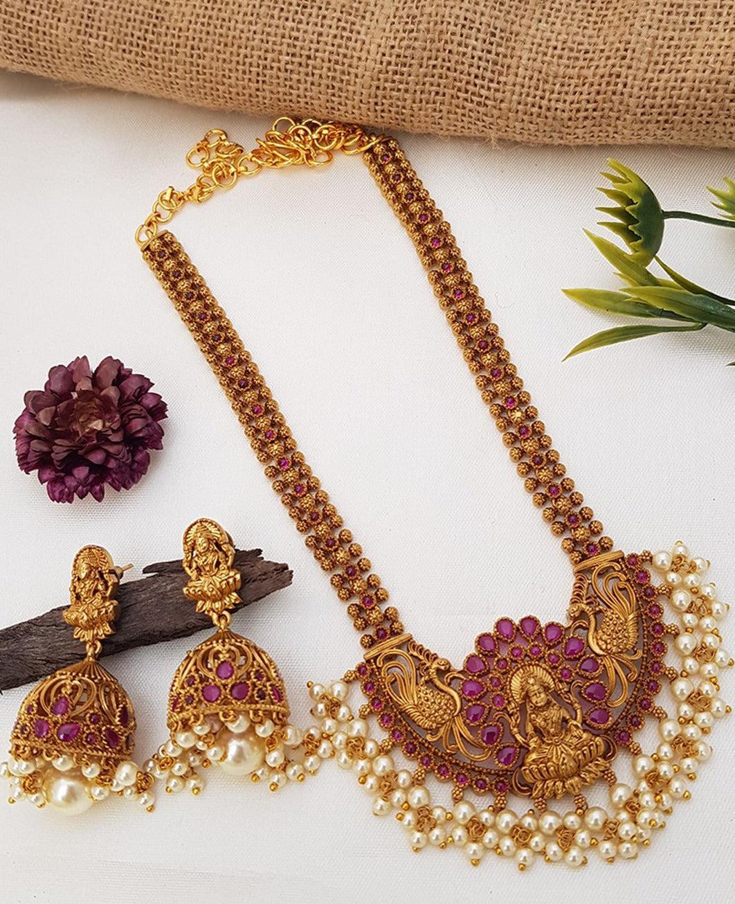 Premium Gold Finish Long Laxmi Hara Necklace set with pearls 5794N