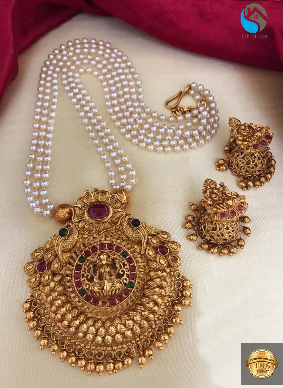 Premium Gold Finish Necklace set with Laxmi pendant design and multi stones PNJ10-330-5157N