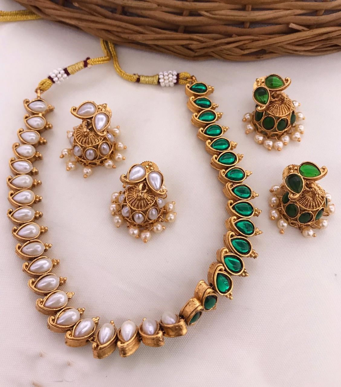 Premium Gold Finish Reversible Necklace Set with Green and White colour stones with two pairs of errings 5355N-Griiham-Griiham