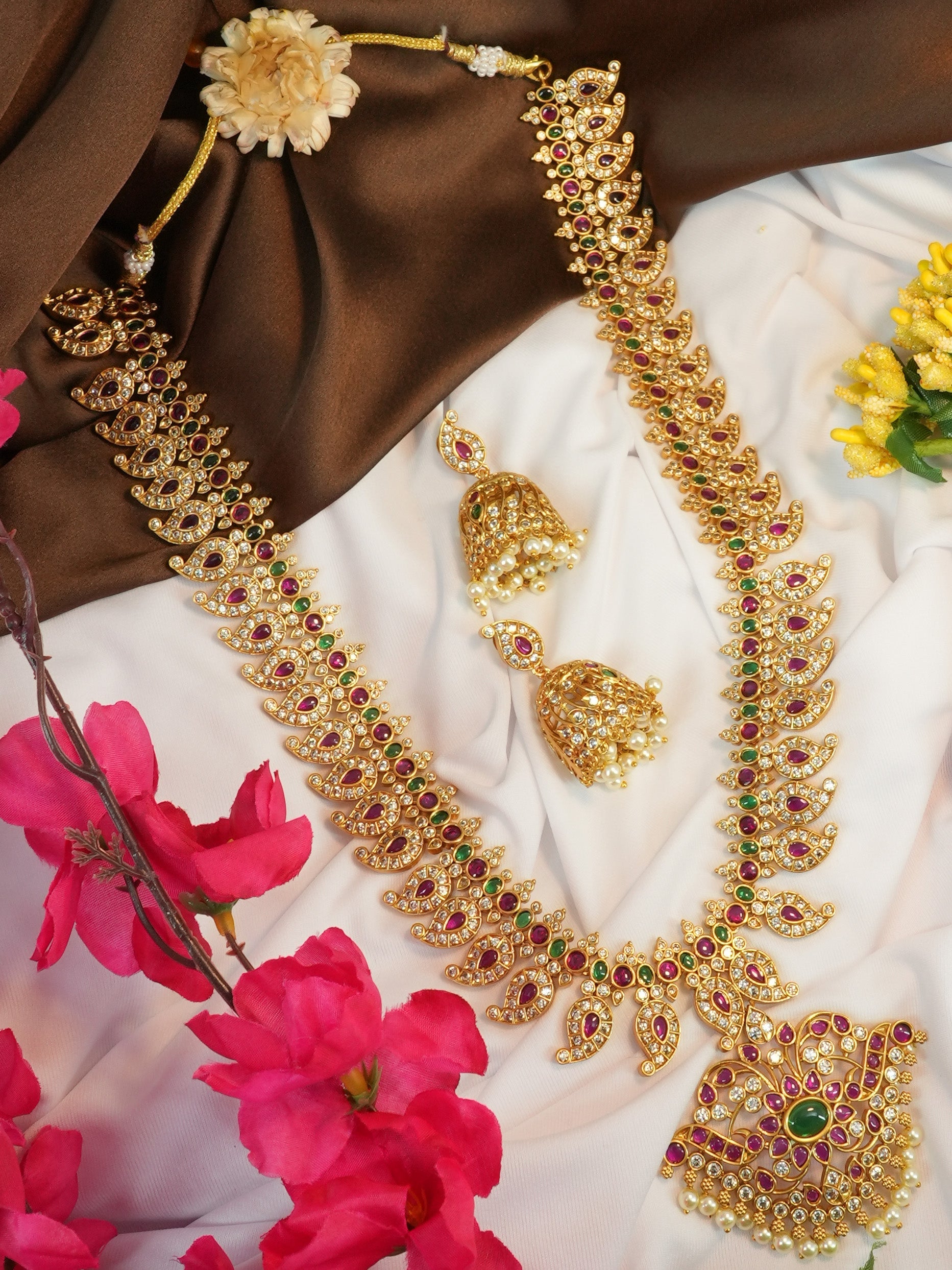 Premium Gold Finish Sayara Collection CZ Studded Long Bridal Necklace Set 11405N