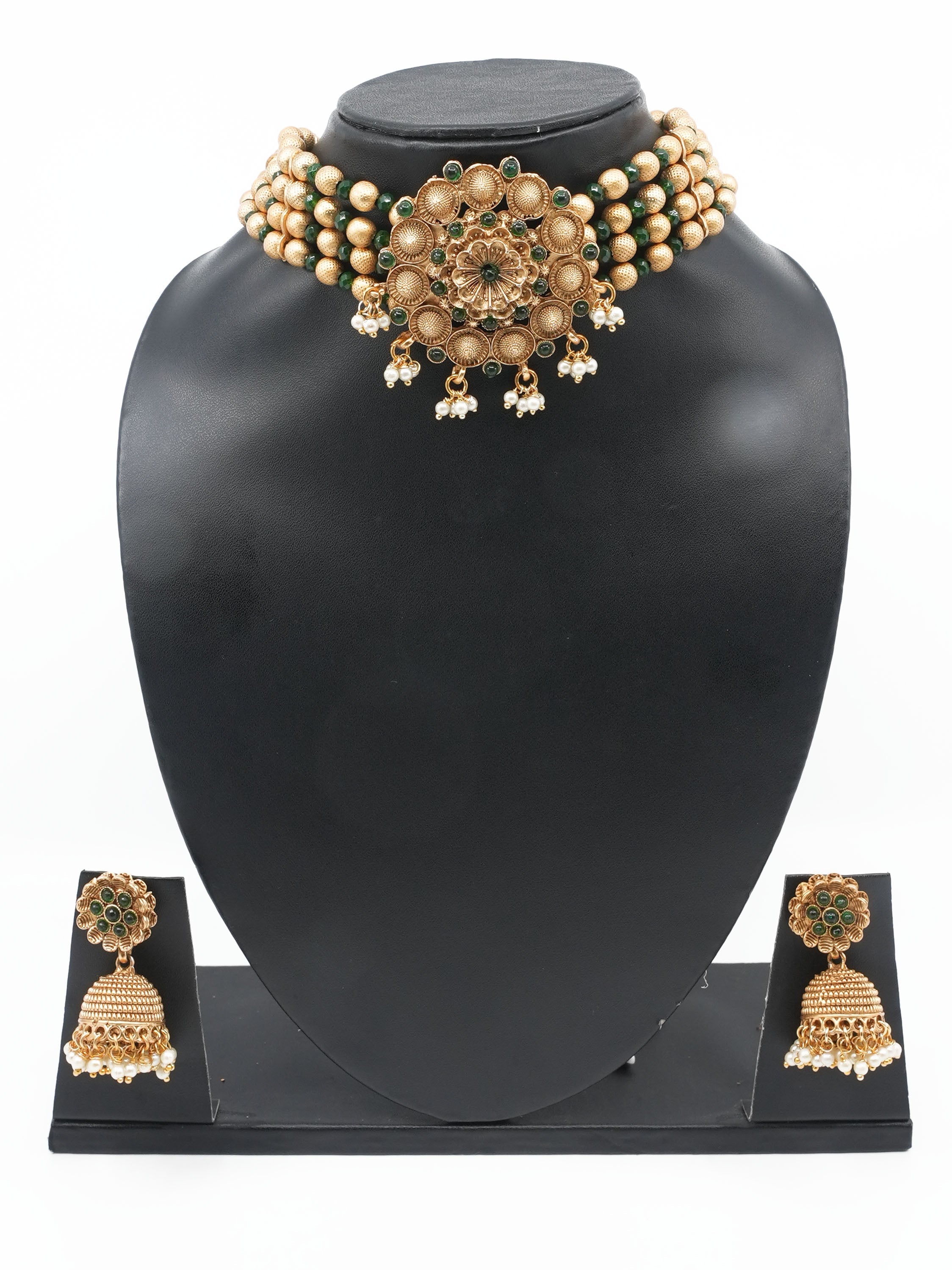 Premium Gold Finish choker Floral pattern necklace set 11127N