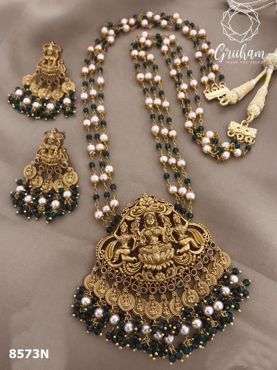 Premium Gold Plated Brass based Laxmi Long Hara Set with Three Line Coral Chain Attached 8573N-Necklace Set-Griiham-Griiham