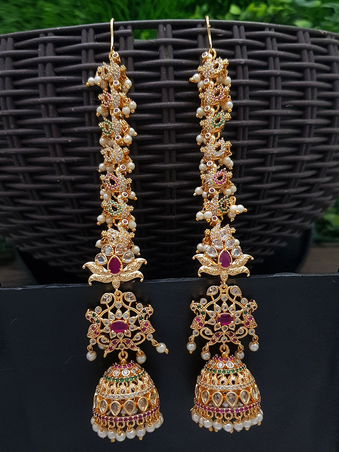 Premium Gold Plated Bridal Long Jhumkas with Matil with CZ studded 7082N-Jhumkas & Earrings-Griiham-Griiham