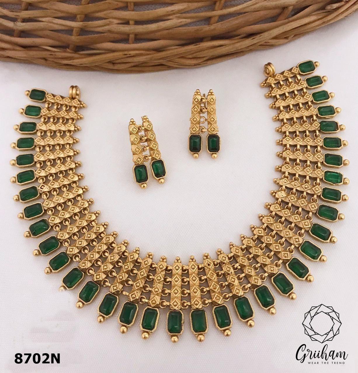 Premium Gold Plated Broad Necklace Set with diff Colours 8703N-Necklace Set-Griiham-Green-Griiham